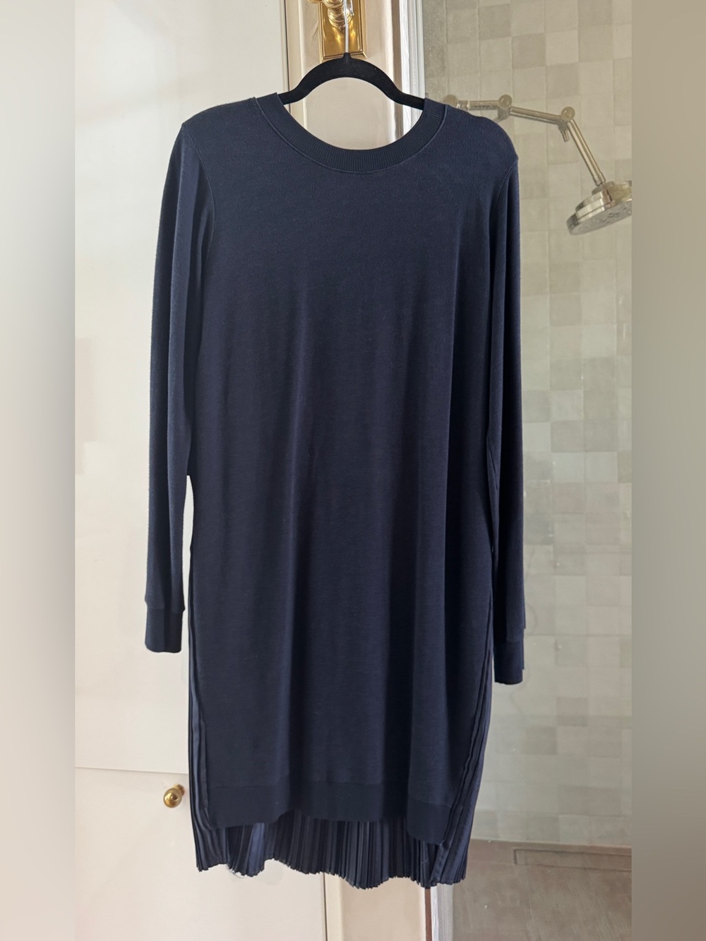 Boutique brand Clu Long Sleeve Knit Sweater Dress with Satin Pleated back, navy